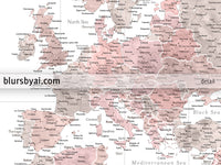 Custom world map print - highly detailed map with cities in dusty pink and grey. "Piper"