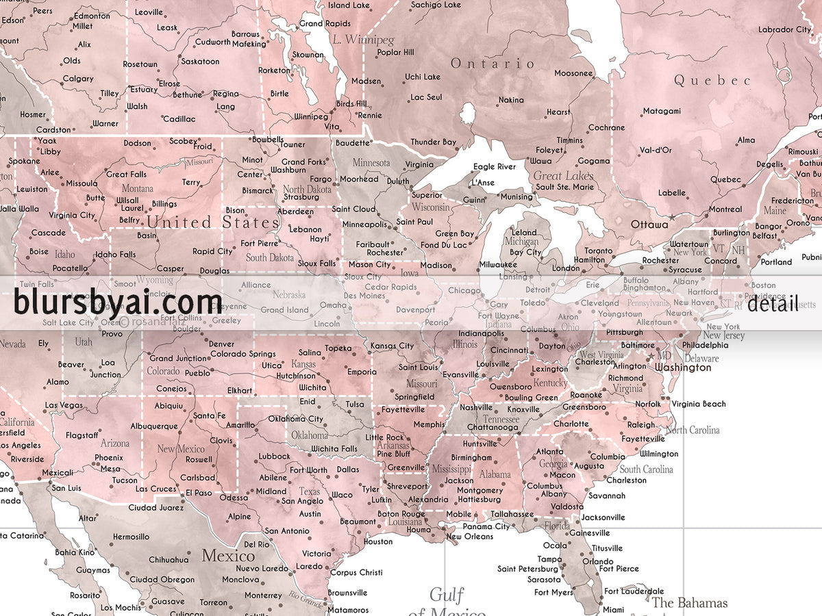 Custom world map print - highly detailed map with cities in dusty pink and grey. "Piper"
