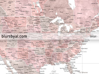 Custom world map print - highly detailed map with cities in dusty pink and grey. "Piper"