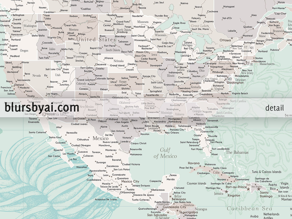 Custom world map print - highly detailed map with cities in mint and neutrals with marine creatures. "Lenore"