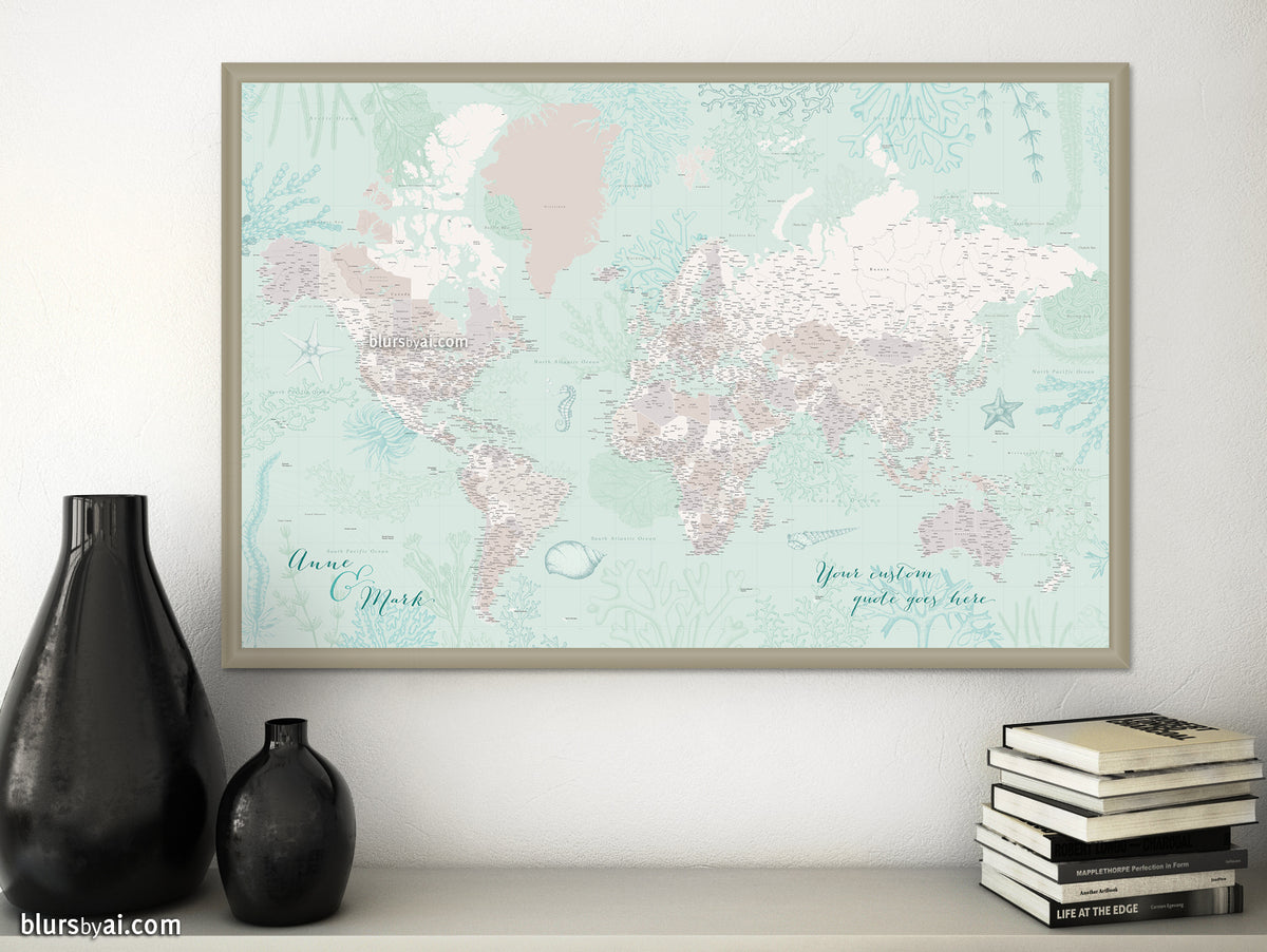 Custom world map print - highly detailed map with cities in mint and neutrals with marine creatures. "Lenore"