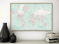 Custom world map print - highly detailed map with cities in mint and neutrals with marine creatures. "Lenore"
