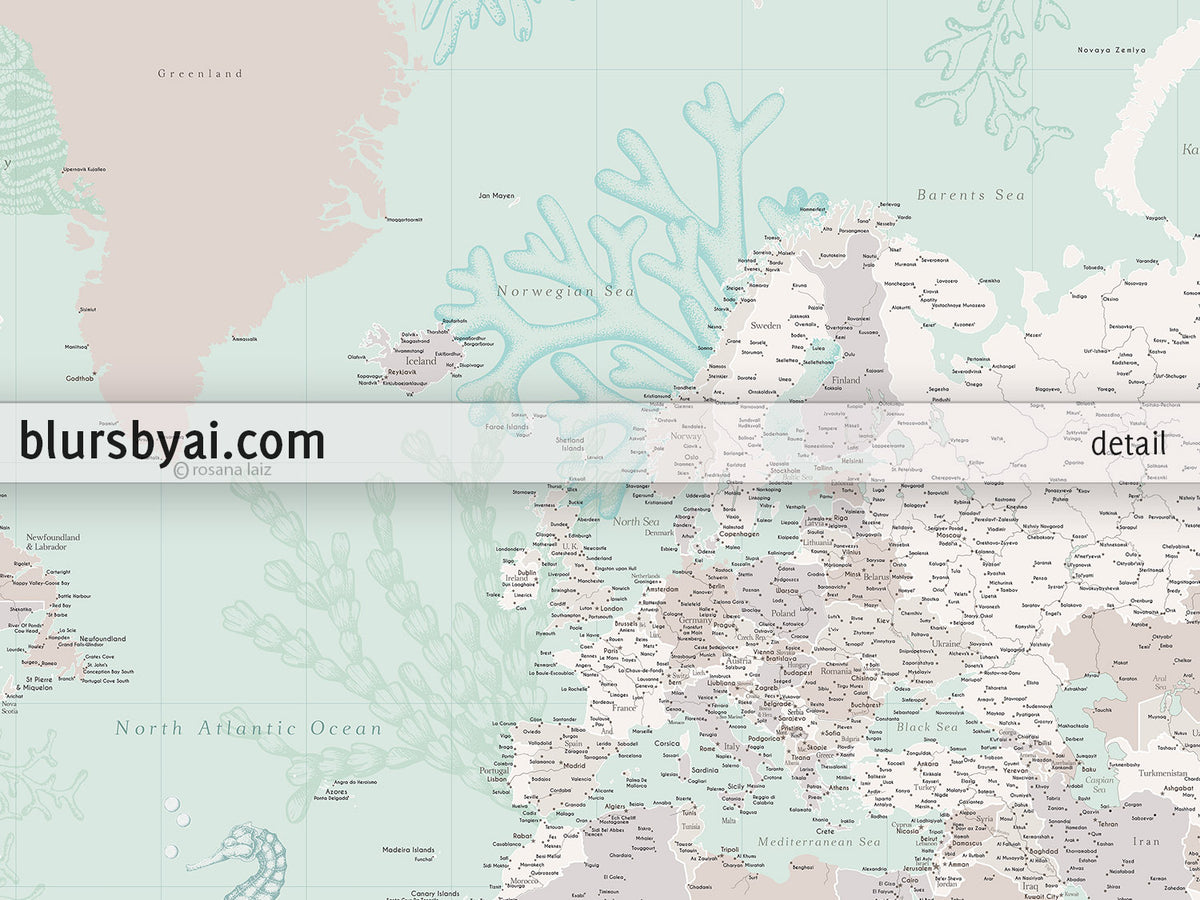 Custom world map print - highly detailed map with cities in mint and neutrals with marine creatures. "Lenore"