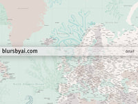 Custom world map print - highly detailed map with cities in mint and neutrals with marine creatures. "Lenore"