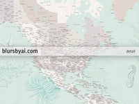 Custom world map print - highly detailed map with cities in mint and neutrals with marine creatures. "Lenore"