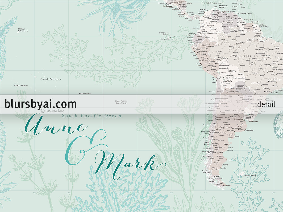 Custom world map print - highly detailed map with cities in mint and neutrals with marine creatures. "Lenore"