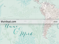 Custom world map print - highly detailed map with cities in mint and neutrals with marine creatures. "Lenore"