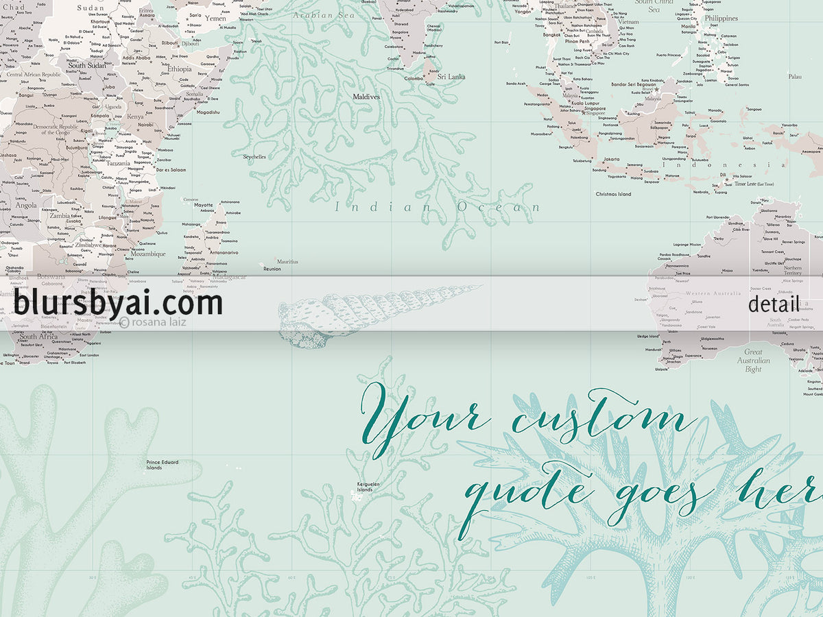 Custom world map print - highly detailed map with cities in mint and neutrals with marine creatures. "Lenore"