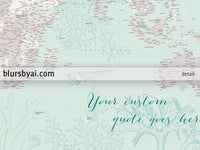 Custom world map print - highly detailed map with cities in mint and neutrals with marine creatures. "Lenore"