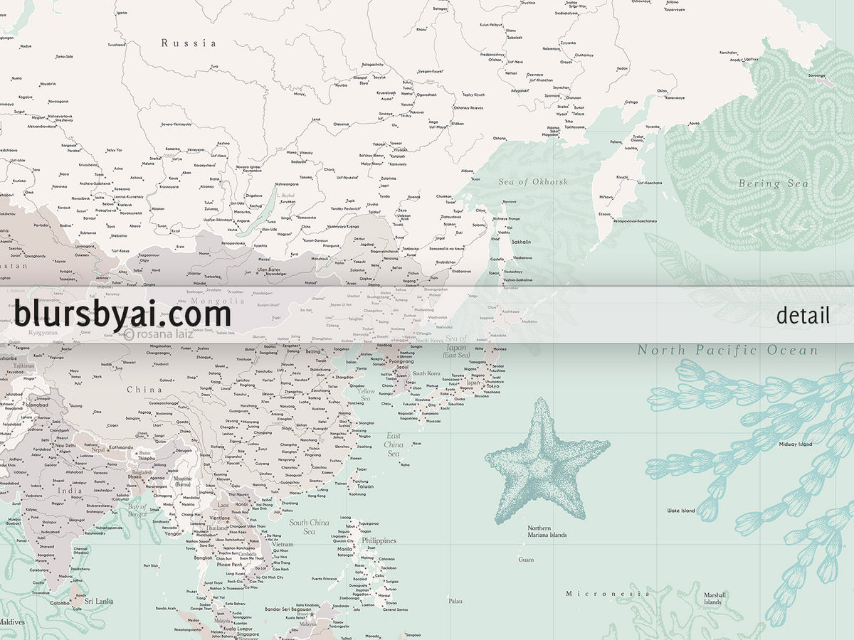 Custom world map print - highly detailed map with cities in mint and neutrals with marine creatures. "Lenore"
