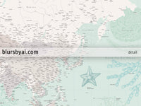 Custom world map print - highly detailed map with cities in mint and neutrals with marine creatures. "Lenore"