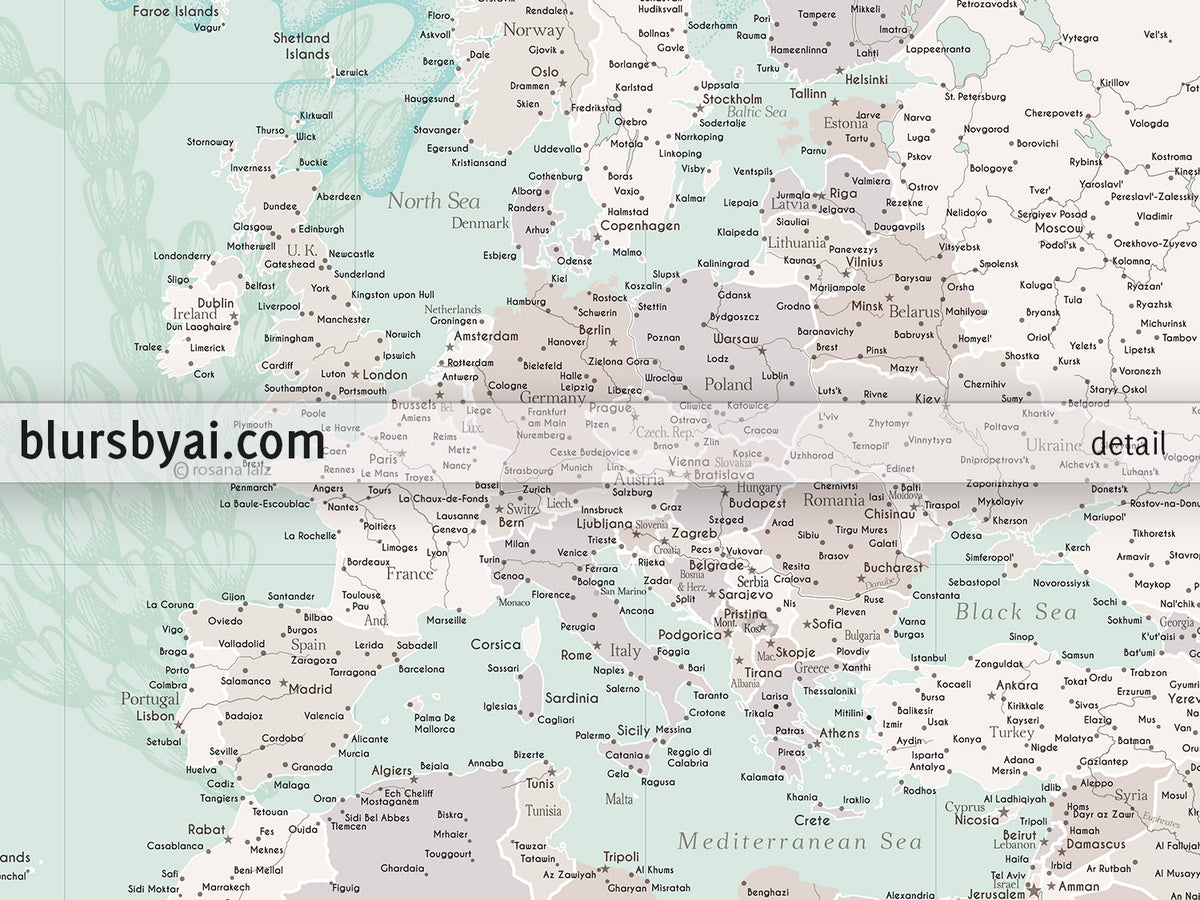 Custom world map print - highly detailed map with cities in mint and neutrals with marine creatures. "Lenore"