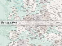Custom world map print - highly detailed map with cities in mint and neutrals with marine creatures. "Lenore"