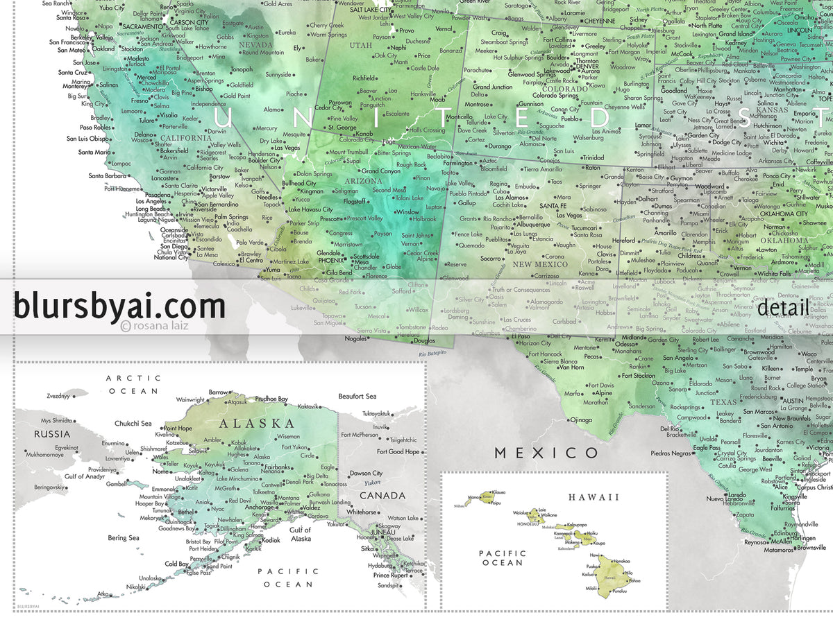 Set of two map prints on paper: USA and the world in matching style. "Oriole"