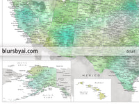 Set of two map prints on paper: USA and the world in matching style. "Oriole"