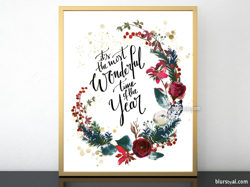 Printable Christmas decorations: It's the most wonderful time of the year with red florals