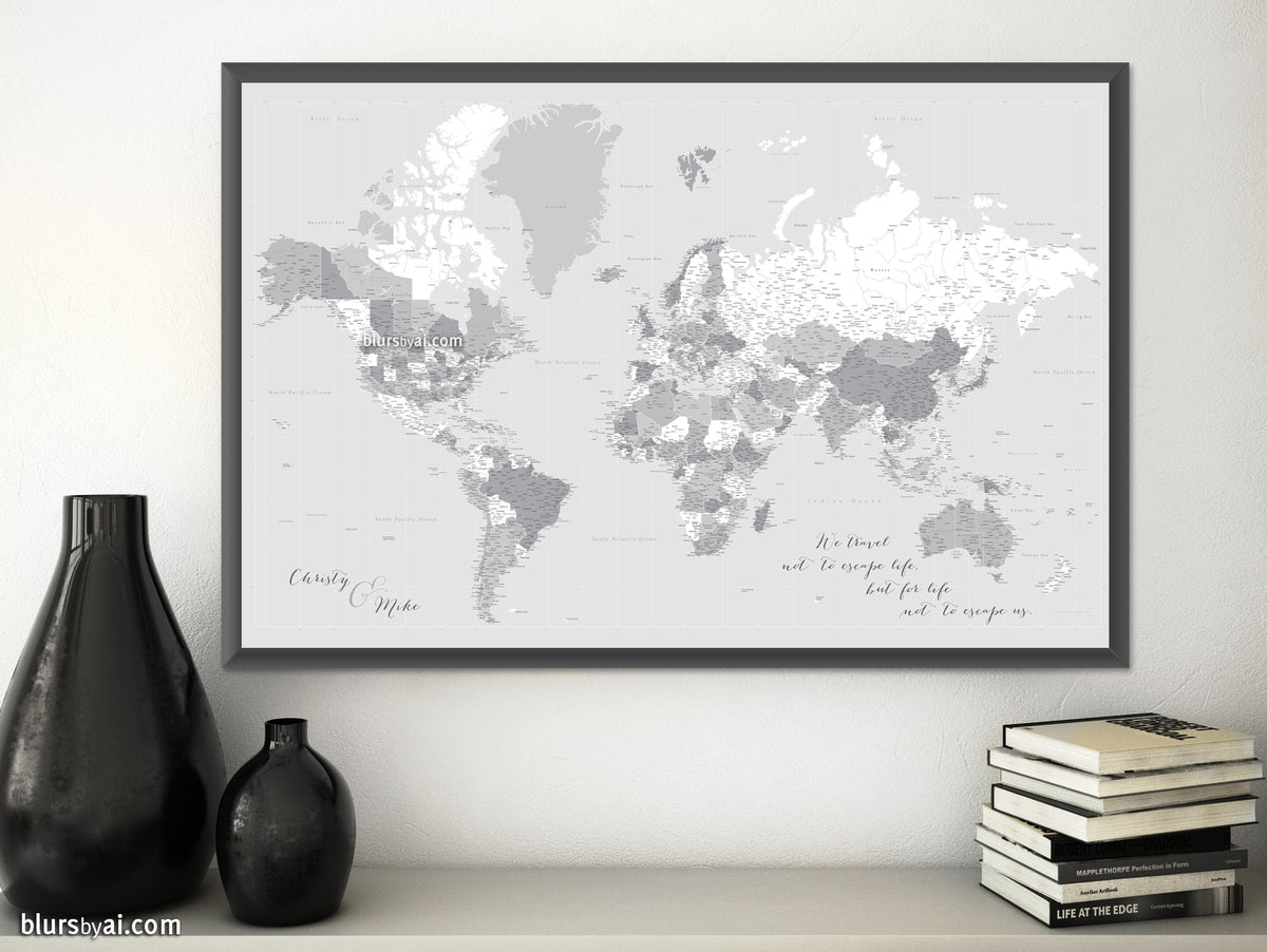 Custom world map print - highly detailed map with cities in light gray. "Cristina"