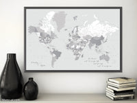 Custom world map print - highly detailed map with cities in light gray. "Cristina"
