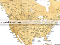Multi panel, custom highly detailed world map print - Gold world map with cities. "Rossie"