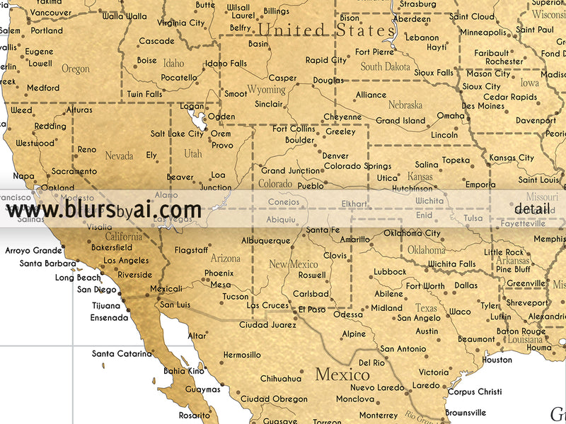 Multi panel, custom highly detailed world map print - Gold world map with cities. "Rossie"