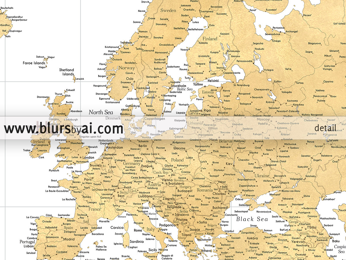 Multi panel, custom highly detailed world map print - Gold world map with cities. "Rossie"