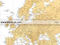 Multi panel, custom highly detailed world map print - Gold world map with cities. "Rossie"
