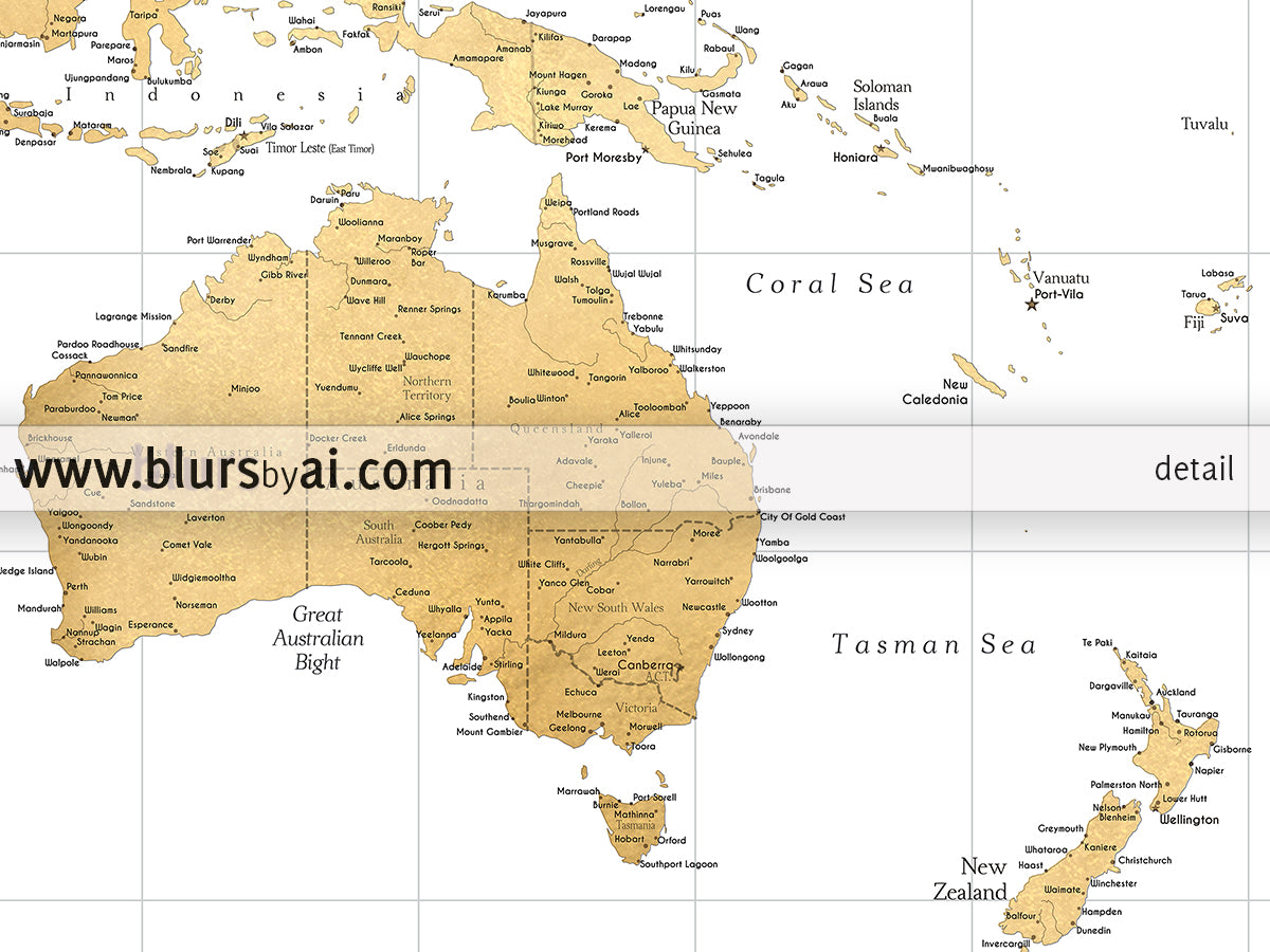 Multi panel, custom highly detailed world map print - Gold world map with cities. "Rossie"
