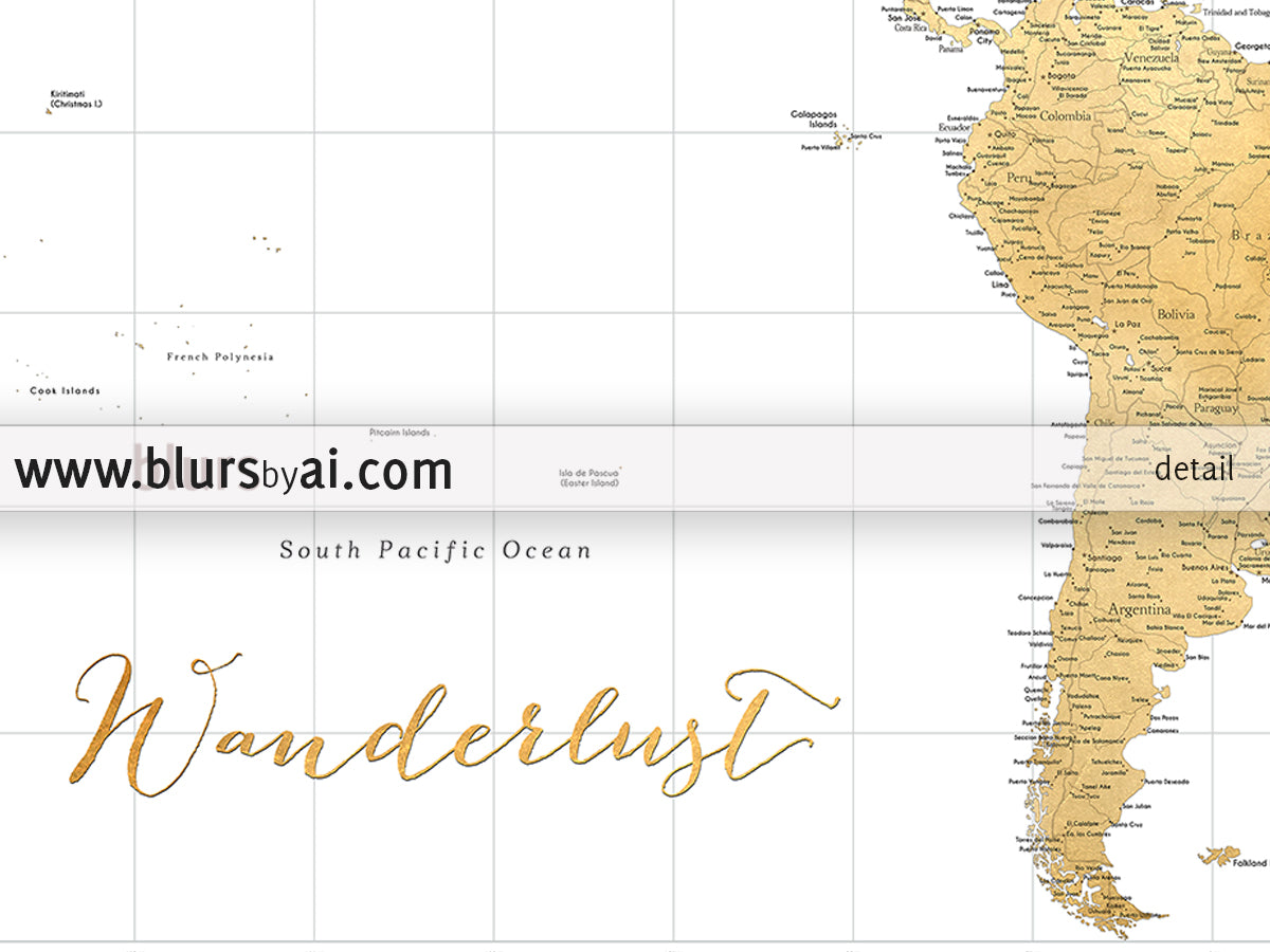 Multi panel, custom highly detailed world map print - Gold world map with cities. "Rossie"