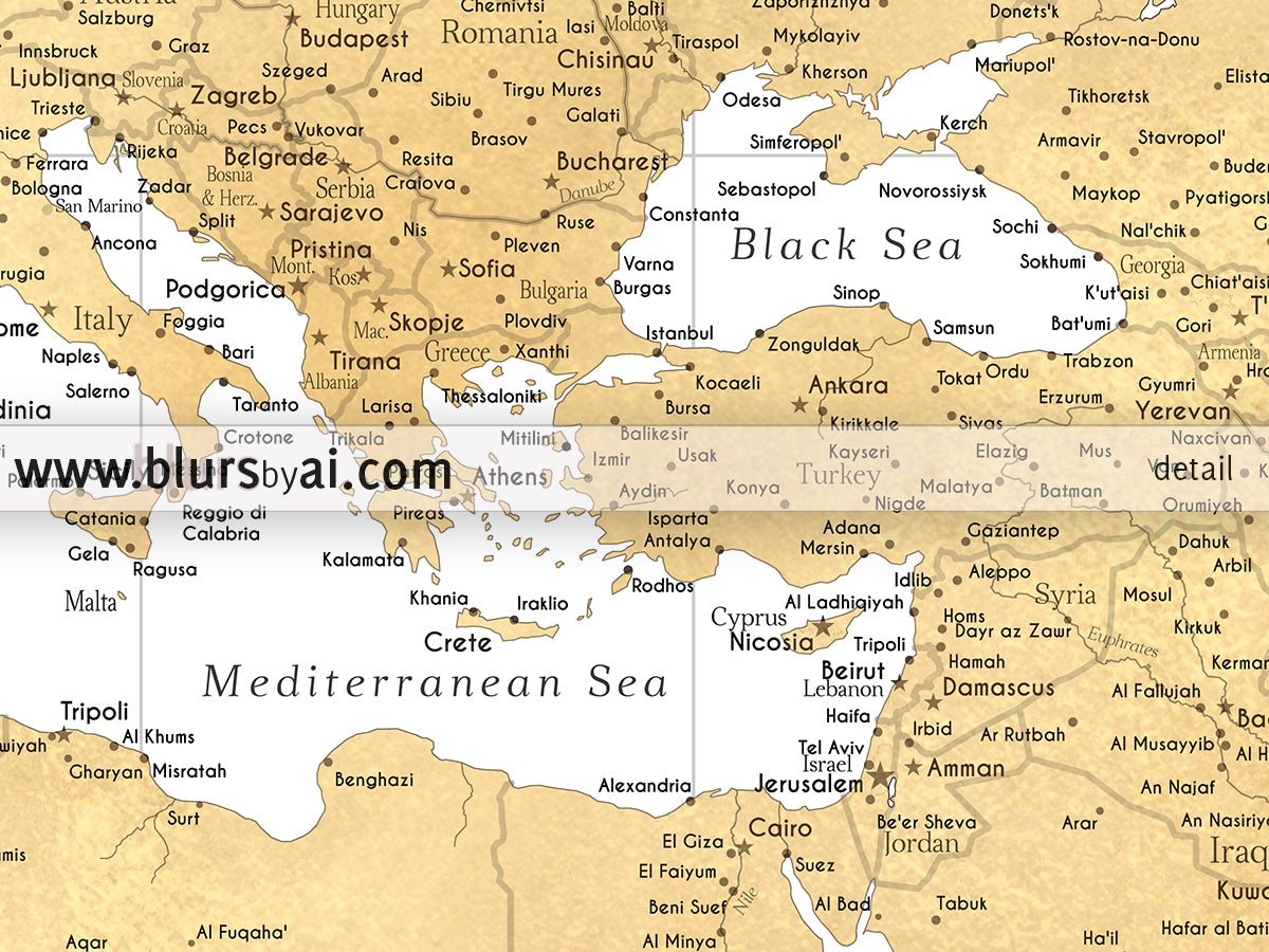 Multi panel, custom highly detailed world map print - Gold world map with cities. "Rossie"