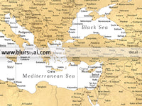 Multi panel, custom highly detailed world map print - Gold world map with cities. "Rossie"