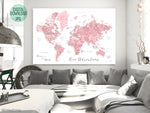 Custom quote - pink watercolor printable world map with cities, capitals, countries, US States... labeled. "Peony"
