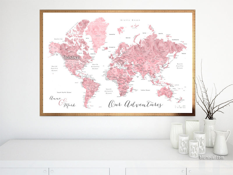 Custom quote - pink watercolor printable world map with cities, capitals, countries, US States... labeled. "Peony"