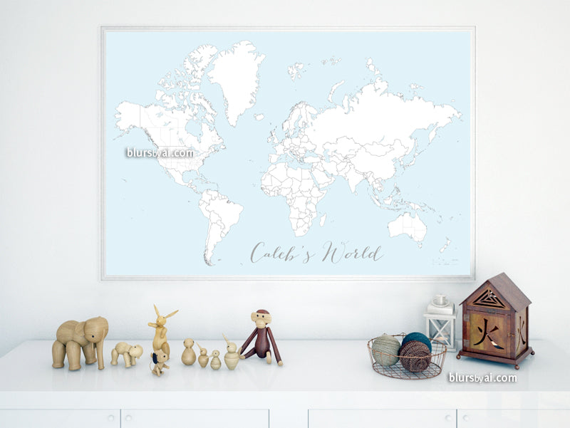 Custom map print: blue world map with countries & states outlined for coloring. "Ariadne"