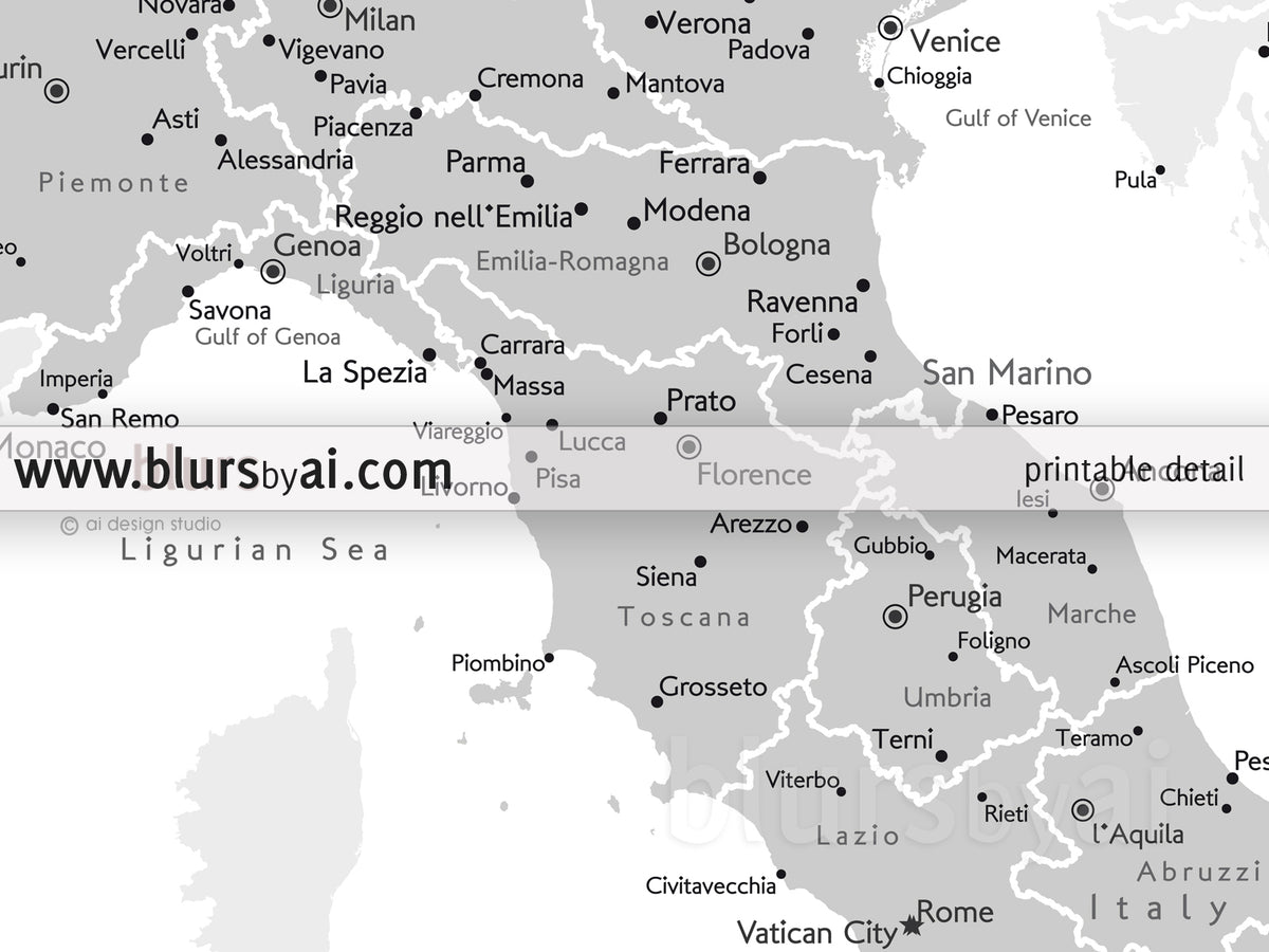 Custom map print of Italy with cities, in grayscale