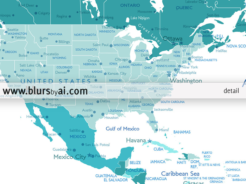 Custom quote printable world map with cities, capitals, countries, US States... labeled. Color combination: Angels