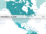 Custom quote printable world map with cities, capitals, countries, US States... labeled. Color combination: Angels