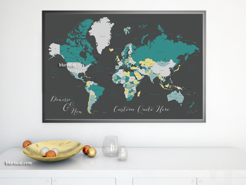 Custom map print: world map with countries and states in teal and gray. "Teal tea"