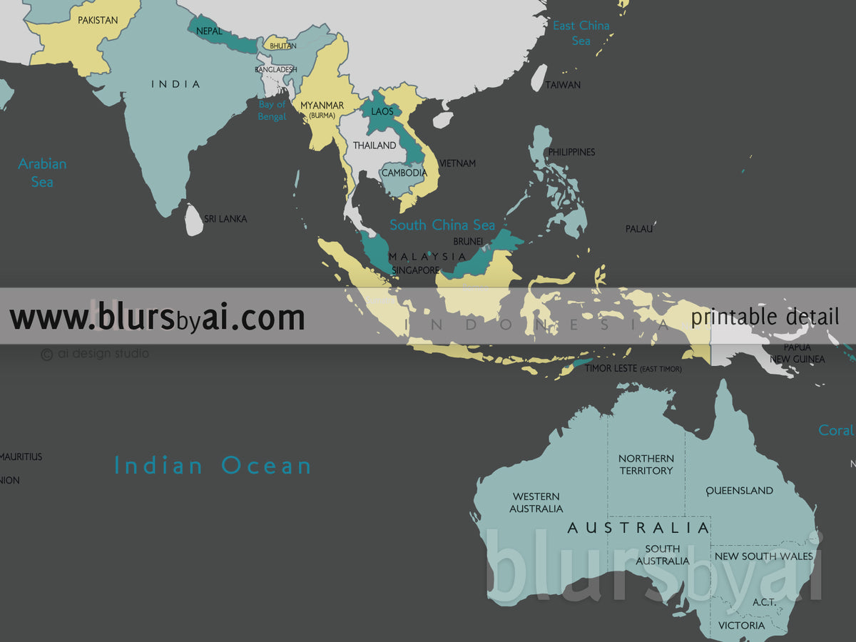 Custom map print: world map with countries and states in teal and gray. "Teal tea"