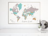 Custom map print: world map with countries & states in gray, camel and teal.