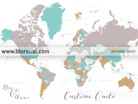 Custom map print: world map with countries & states in gray, camel and teal.