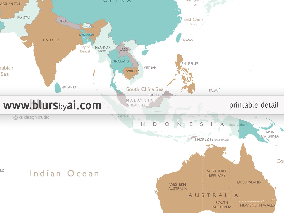 Custom map print: world map with countries & states in gray, camel and teal.