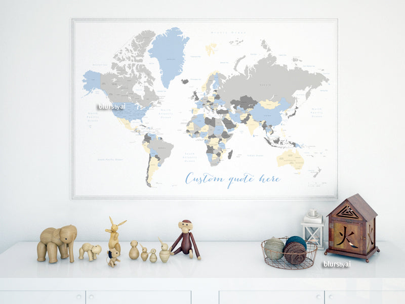 Custom map print: world map with countries & states in light blue, cream and gray.