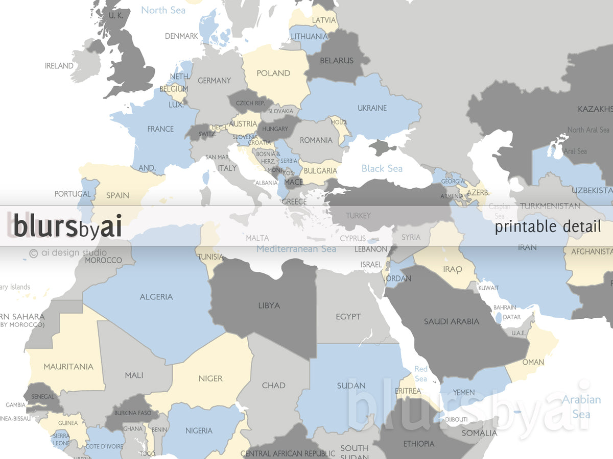 Custom map print: world map with countries & states in light blue, cream and gray.