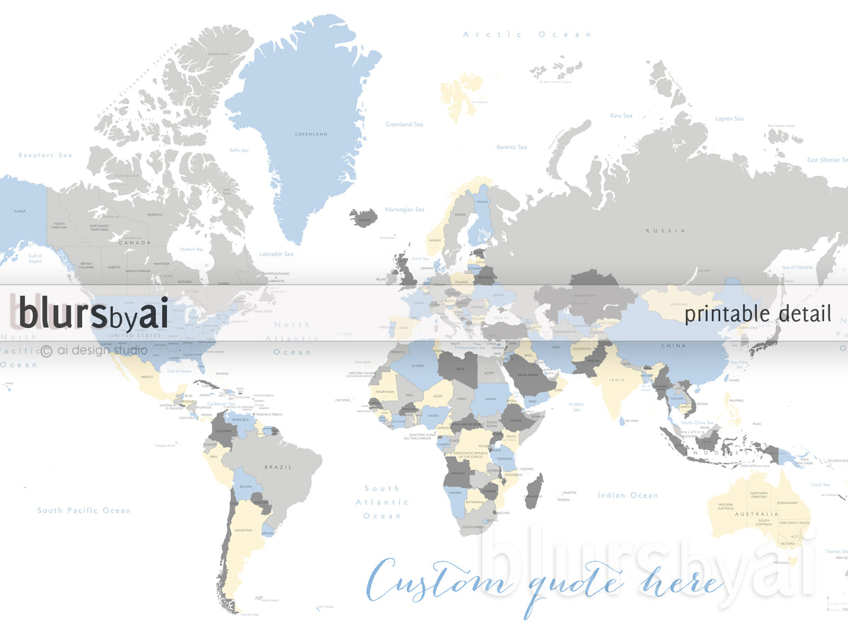 Custom map print: world map with countries & states in light blue, cream and gray.