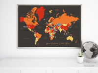 Custom map print: world map with countries and states in orange and red. "Blood oranges"