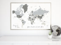 Custom map print: gray world map with countries and states. "Concrete hues"