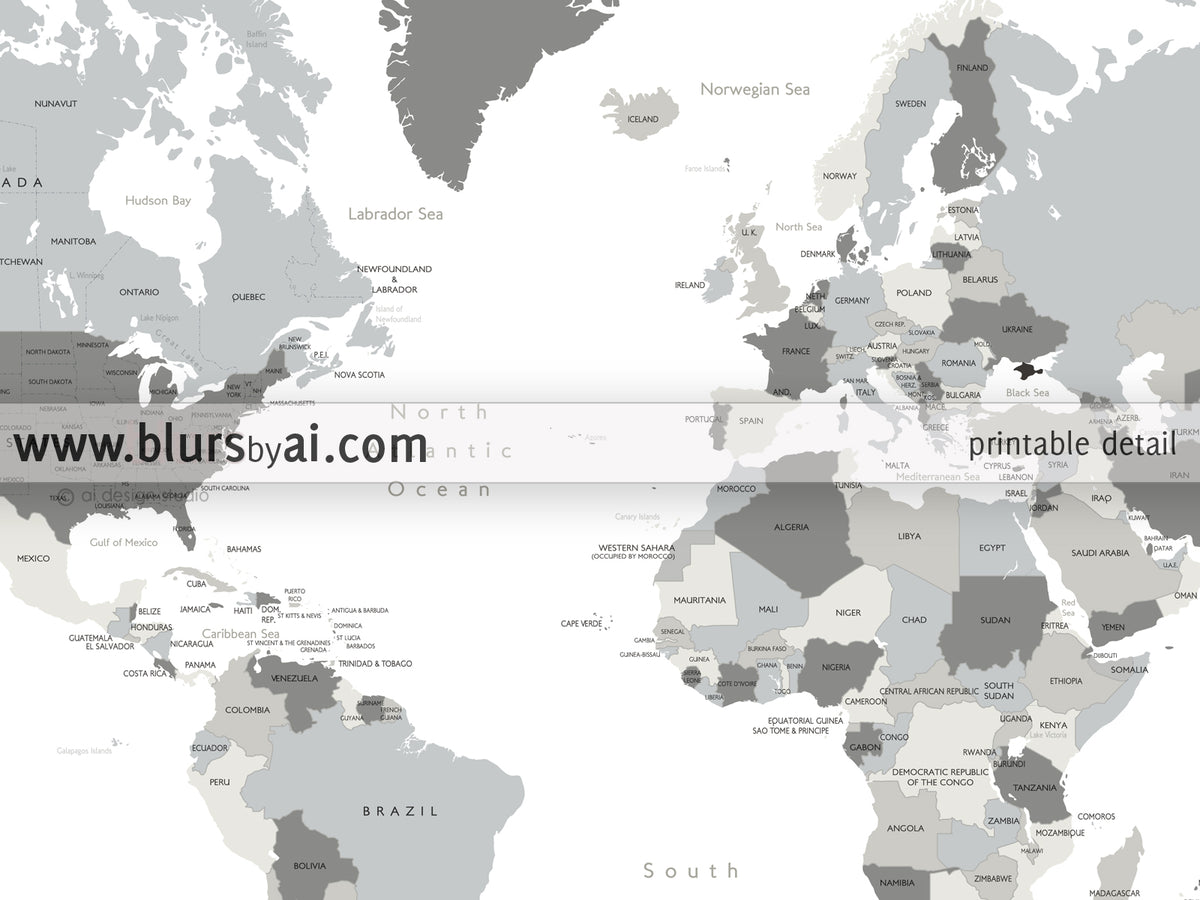 Custom map print: gray world map with countries and states. "Concrete hues"