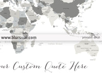 Custom map print: gray world map with countries and states. "Concrete hues"