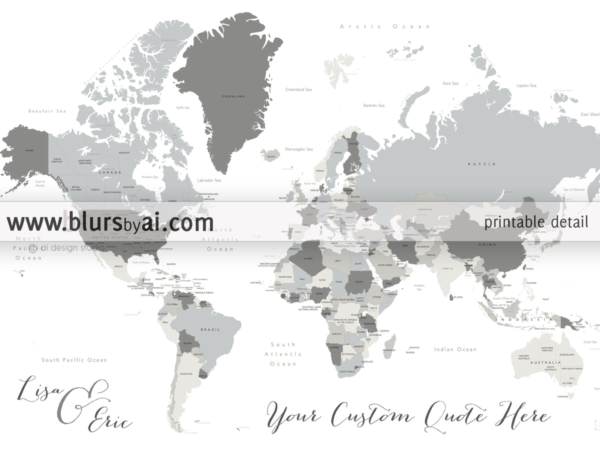 Custom map print: gray world map with countries and states. "Concrete hues"