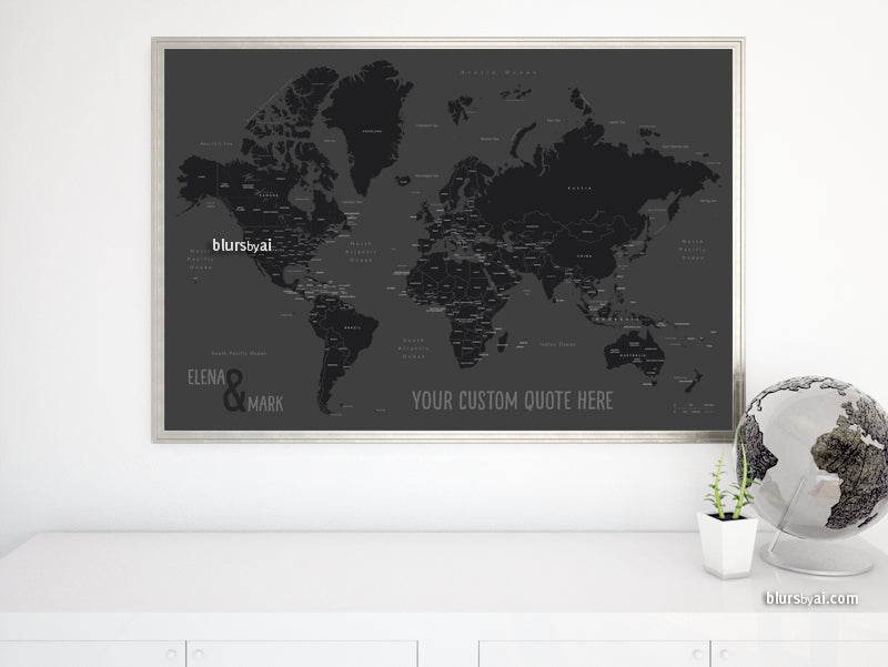 Custom map print: world map with countries and states in black and gray. "So simple"